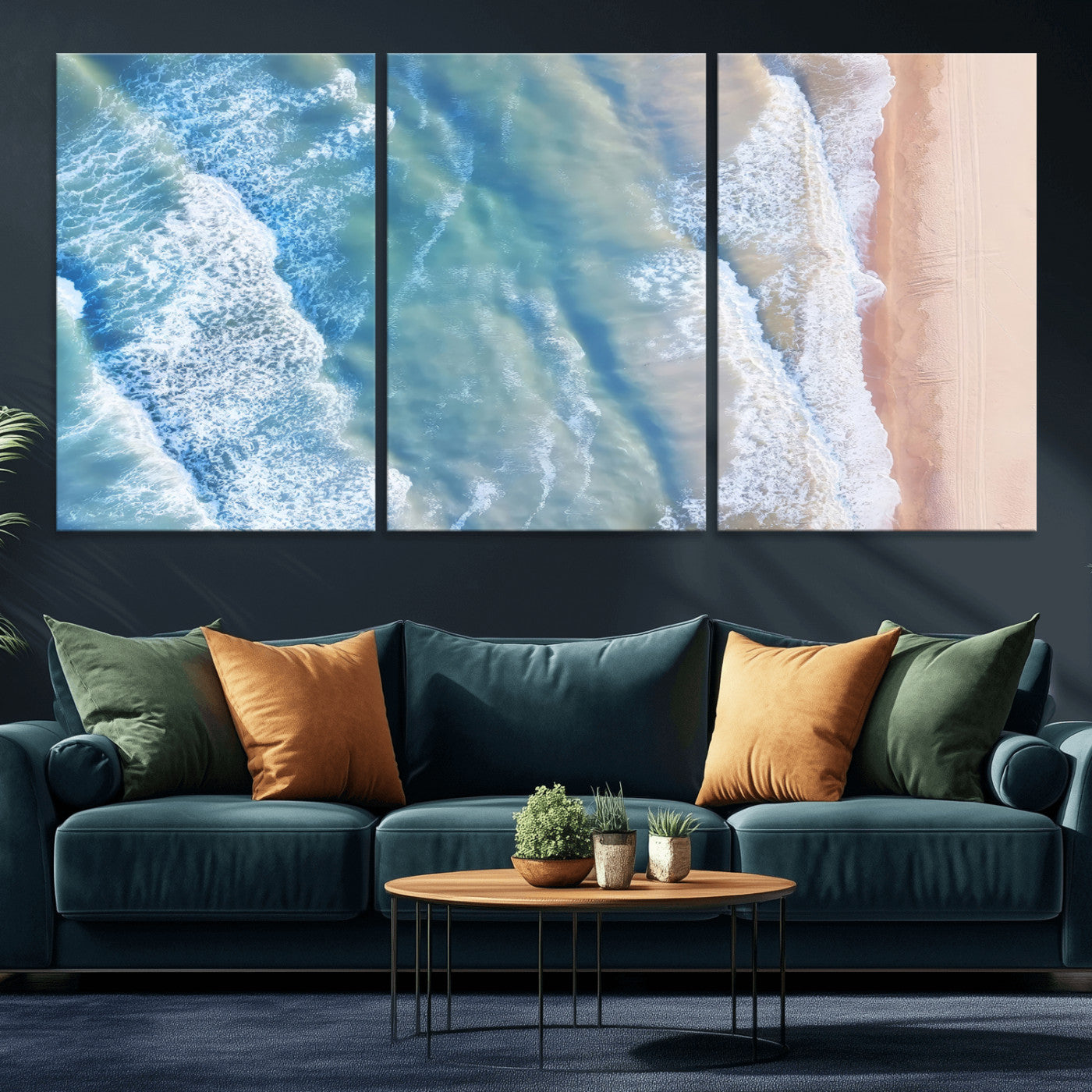 Aerial photo of soft blue waves meeting sandy shore, perfect for modern coastal or beach-themed decor with a light and tranquil aesthetic.