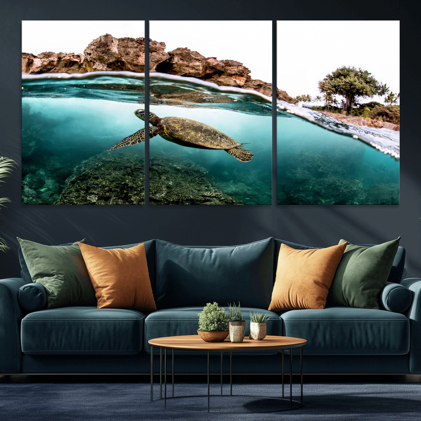 Dynamic split-view photo of a sea turtle swimming near rocky shores, perfect for vibrant coastal or tropical beach home decor.