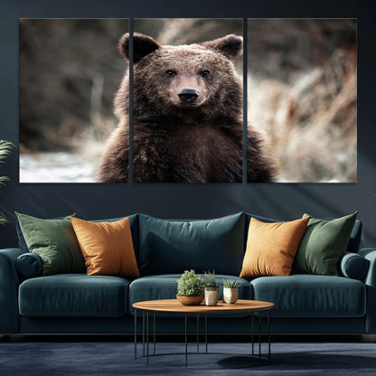 Canvas of a brown bear in soft earthy tones and moody forest light, ideal for rustic cabin or woodland nature-themed home decor.