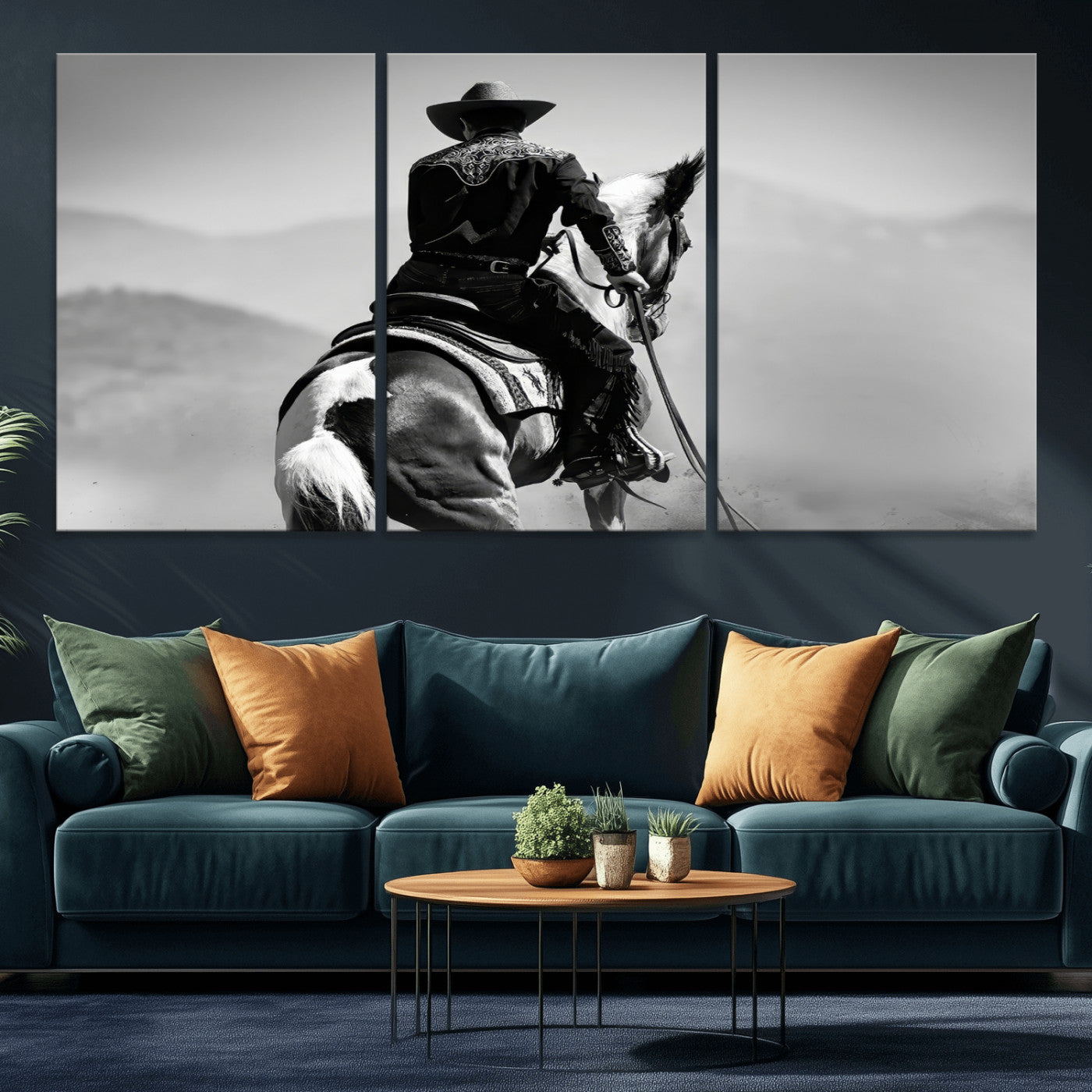 Black and white canvas of a cowboy on horseback with moody tones, perfect for rustic western or country-inspired home decor.