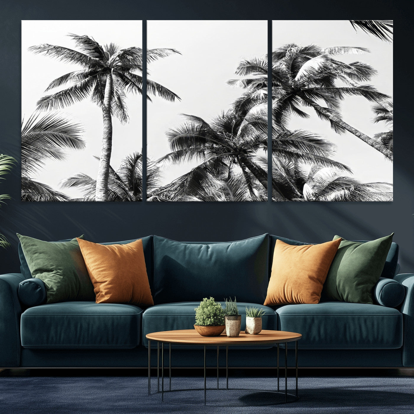 Black and white canvas of tall palm trees in moody tones, perfect for modern tropical minimalist or coastal-style home decor.