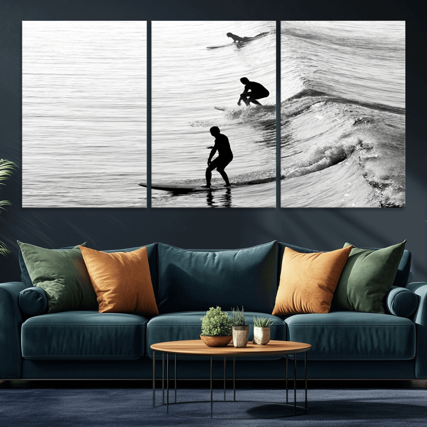 Black and white photo of surfers riding waves in a moody, high-contrast scene, ideal for modern coastal or surf-inspired home decor.