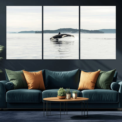 An orca jumping out of calm ocean waters with a misty island in the background, creating a serene and minimalist marine wildlife scene.