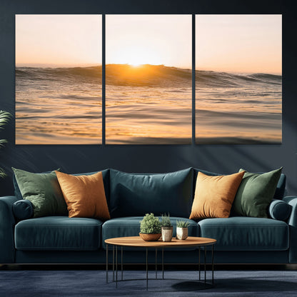 Ocean waves glowing under a warm golden sunset, reflecting soft light and calm movement, perfect for warm minimalist coastal interiors.