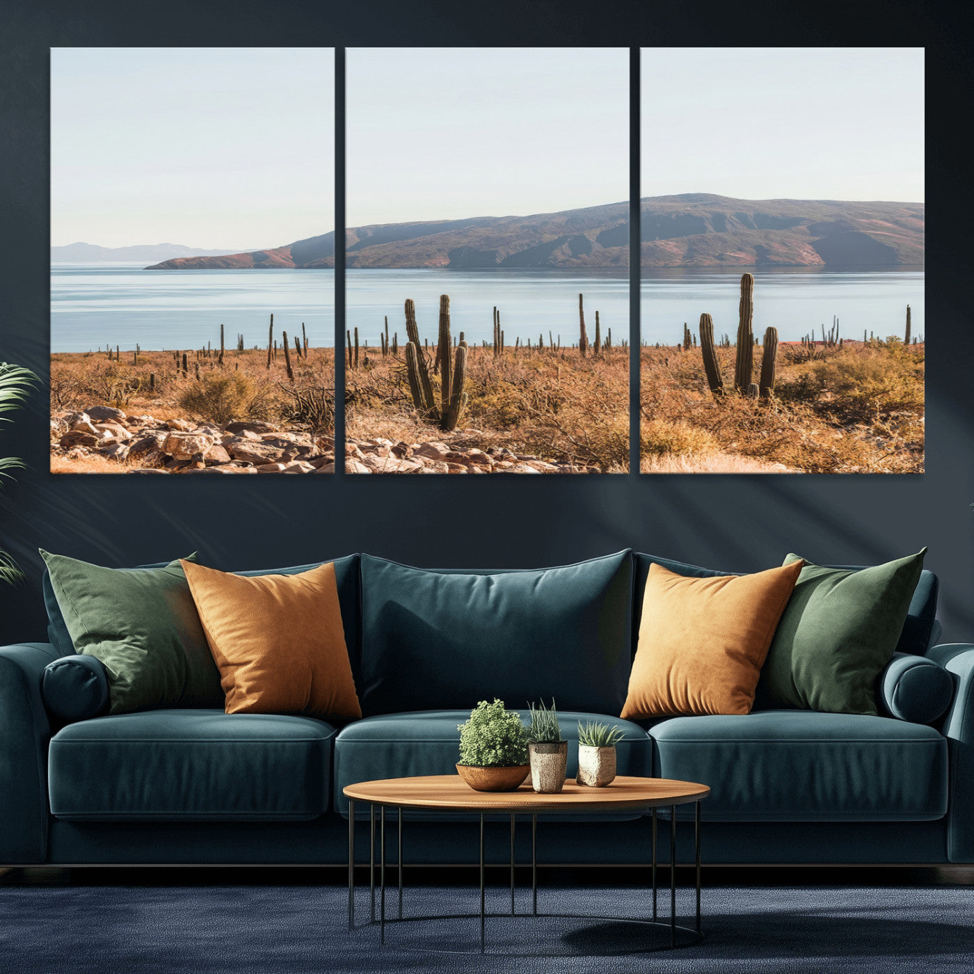 Warm desert landscape with cacti and coastal mountains, perfect for southwestern or earthy calm-themed home wall decor.