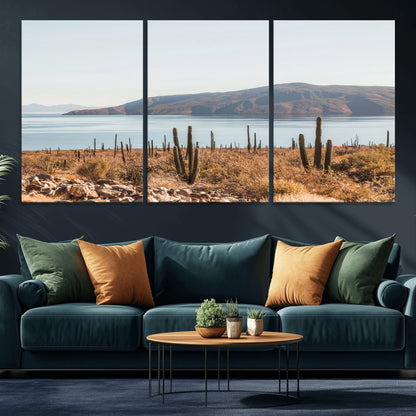 Warm desert landscape with cacti and coastal mountains, perfect for southwestern or earthy calm-themed home wall decor.