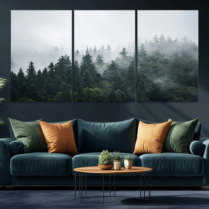 A misty evergreen forest shrouded in soft fog, creating a tranquil and moody landscape with lush green trees fading into the distance.