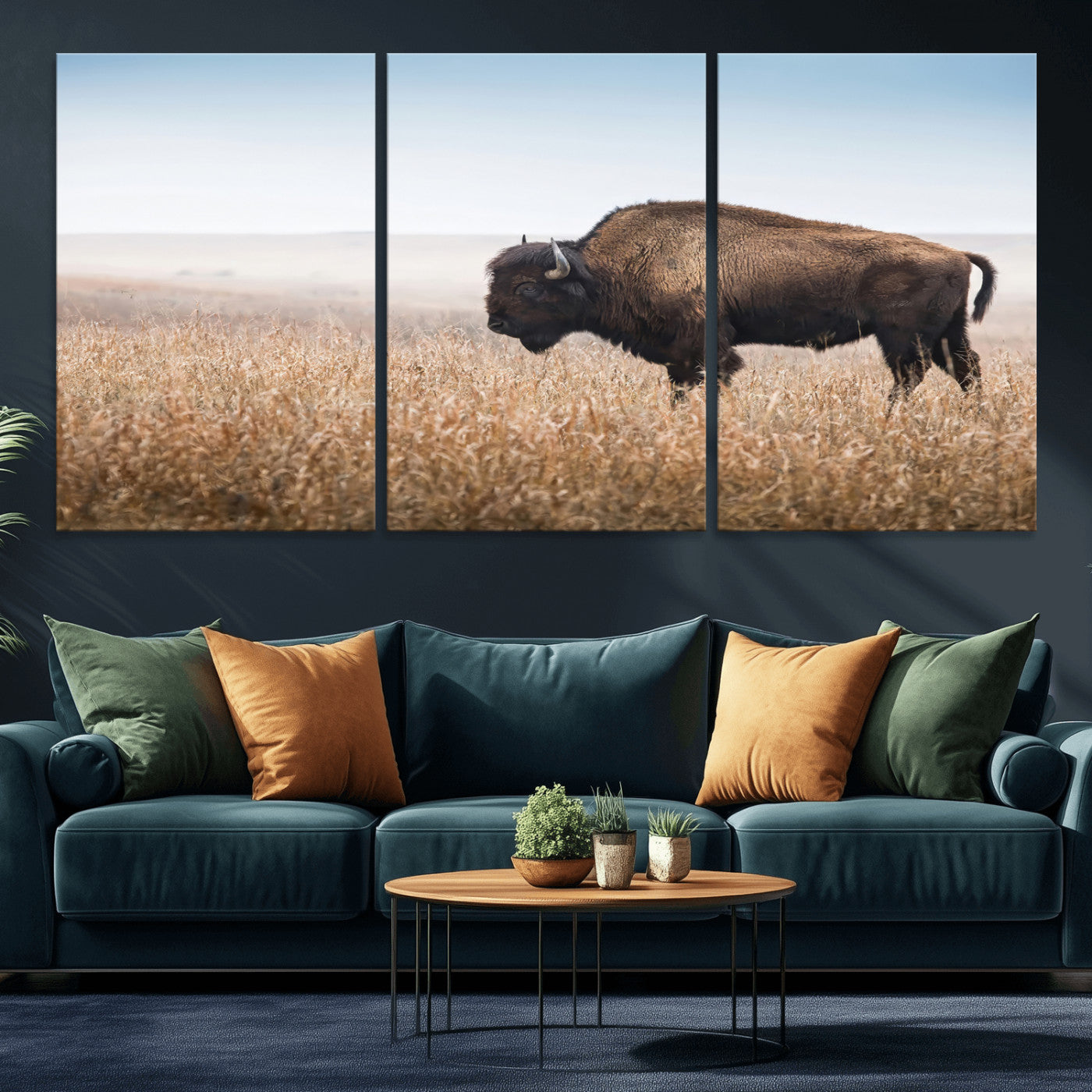 A majestic bison standing in an open prairie field, its strong form blending into the golden grass under a vast blue sky, evoking the wild spirit of the American plains.