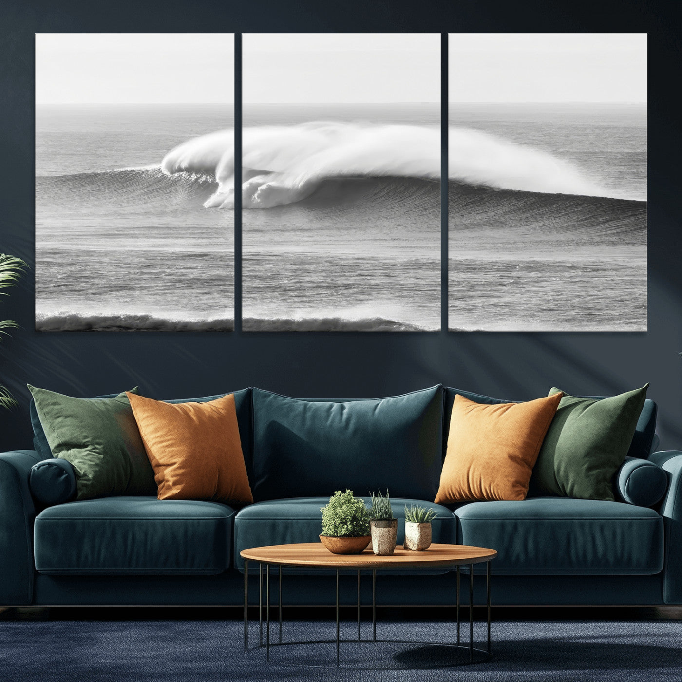 A dramatic black and white ocean wave crashing with immense force, capturing the raw power and movement of the sea in a bold seascape.