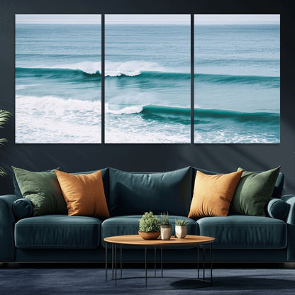 Powerful ocean waves rolling towards the shore, their turquoise hues blending with white sea foam under an open horizon, capturing the essence of the ocean's movement.