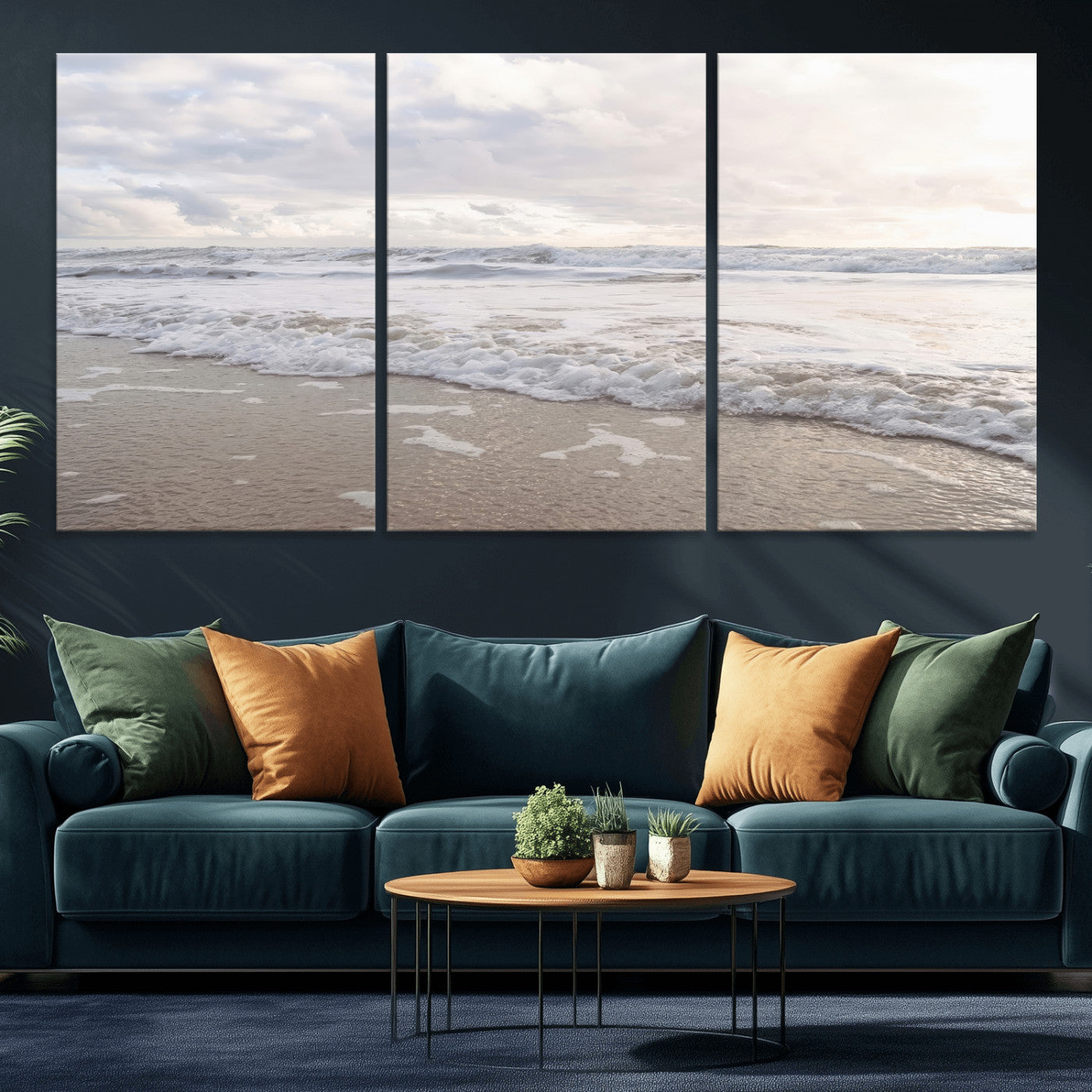 Peaceful ocean waves rolling onto the sandy shore under soft light, perfect for neutral or coastal minimalist decor themes.