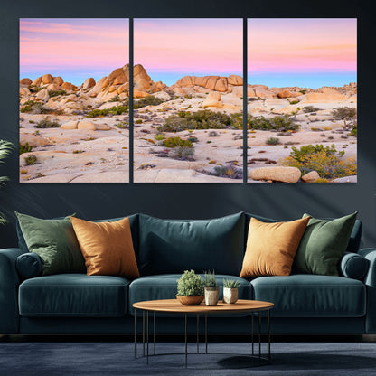 A breathtaking desert landscape featuring rugged rock formations under a vibrant pastel sunset sky, capturing the warmth and serenity of a Southwestern wilderness.