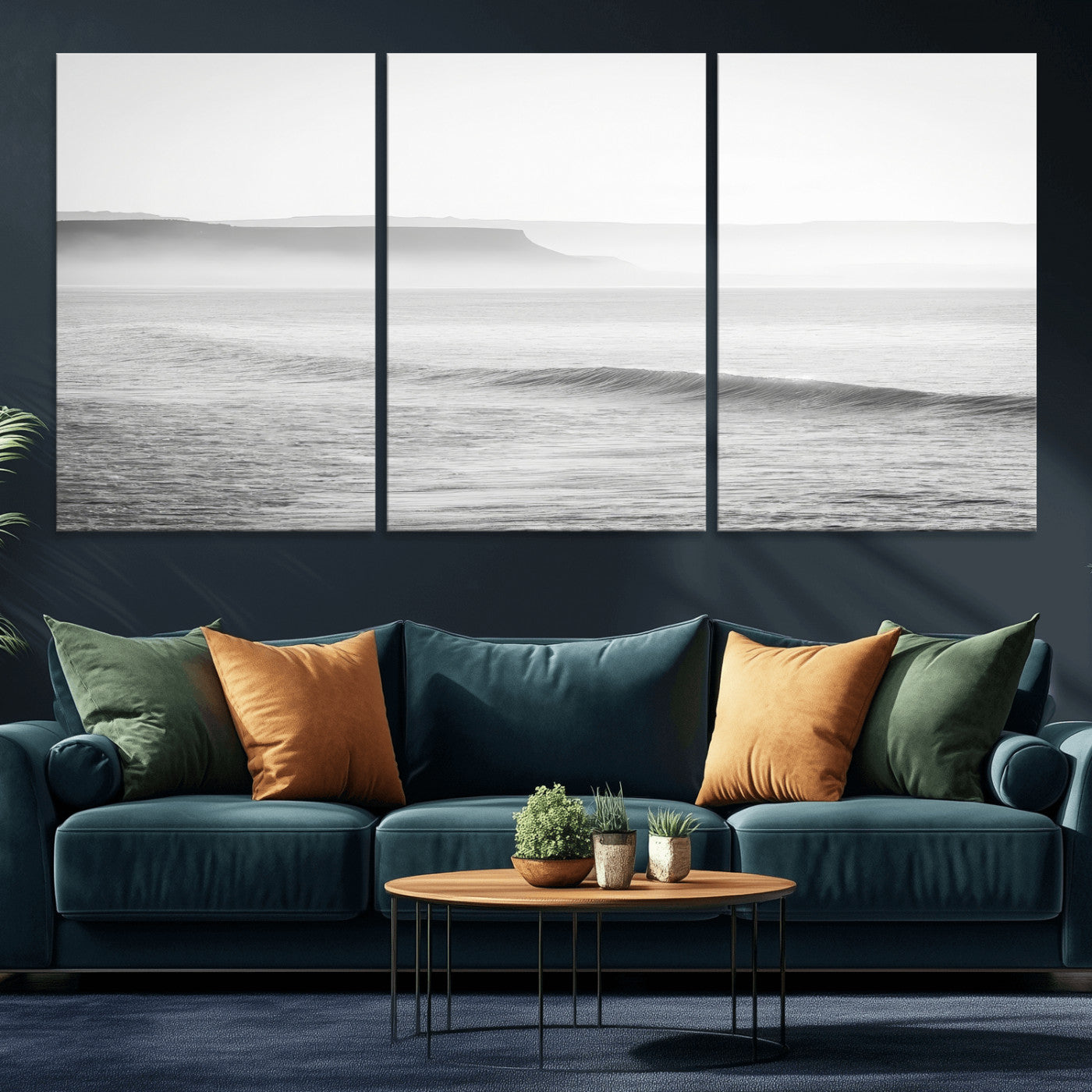 A black and white minimalist seascape featuring soft rolling waves and misty distant cliffs, creating a serene and timeless coastal atmosphere.