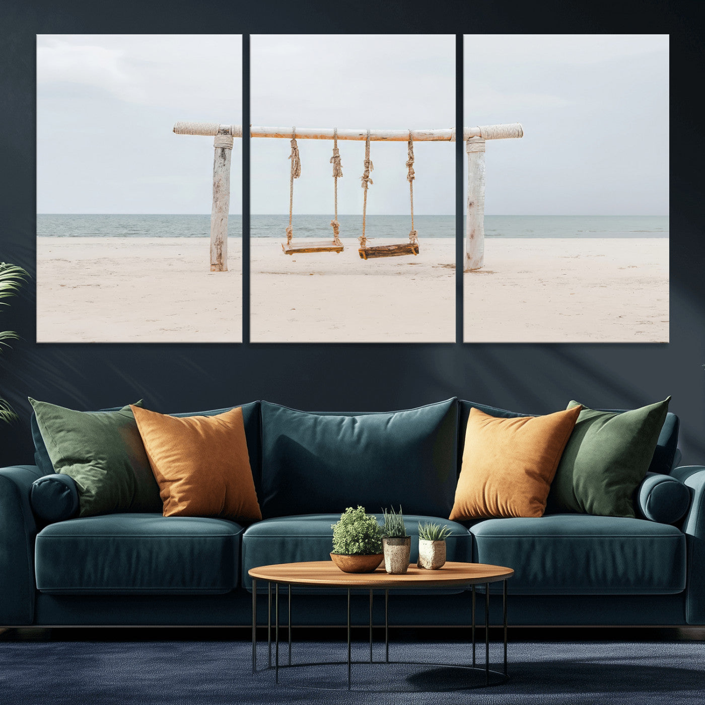 A rustic wooden beach swing stands on a serene sandy shore with an ocean horizon in the background, creating a tranquil and dreamy coastal escape.