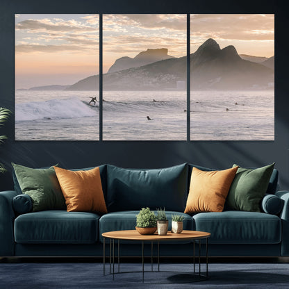 A surfer rides a golden hour wave near misty coastal mountains, surrounded by fellow surfers, capturing the spirit of a coastal adventure.