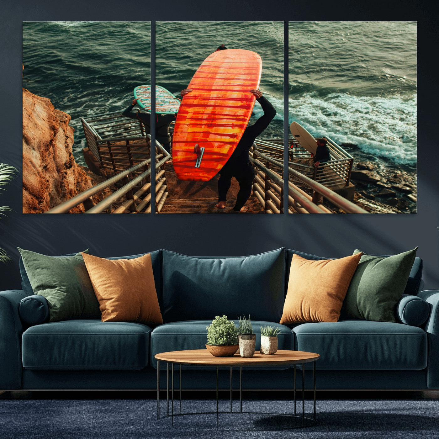 A surfer carrying a bold orange surfboard down a rugged staircase toward the ocean, bathed in golden hour light, capturing the energy of coastal adventure.