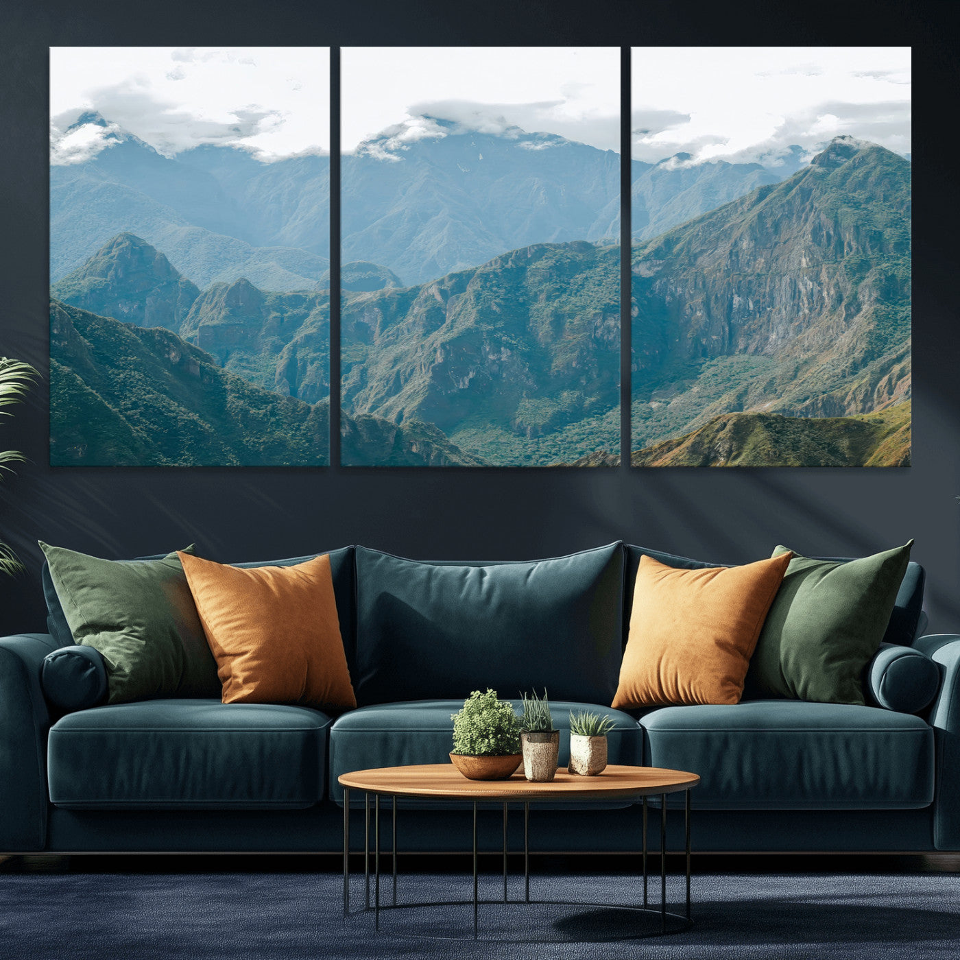 A misty mountain landscape with cloud-covered Andean peaks and lush green valleys, creating a dramatic and serene view, perfect for rustic or nature-inspired home decor.