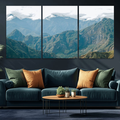 A misty mountain landscape with cloud-covered Andean peaks and lush green valleys, creating a dramatic and serene view, perfect for rustic or nature-inspired home decor.