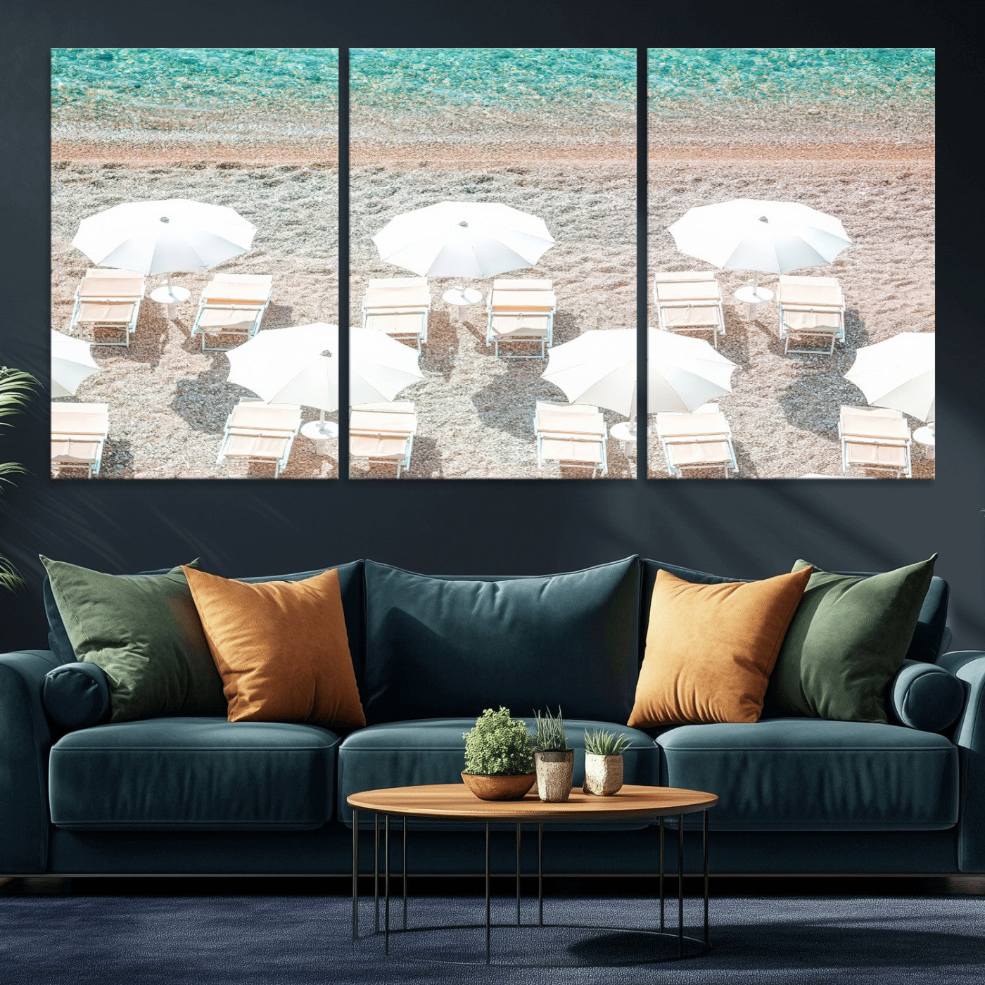 A bright beach scene with white umbrellas, pastel sand, and turquoise waters, creating a tranquil coastal vibe, perfect for beach house or summer decor.