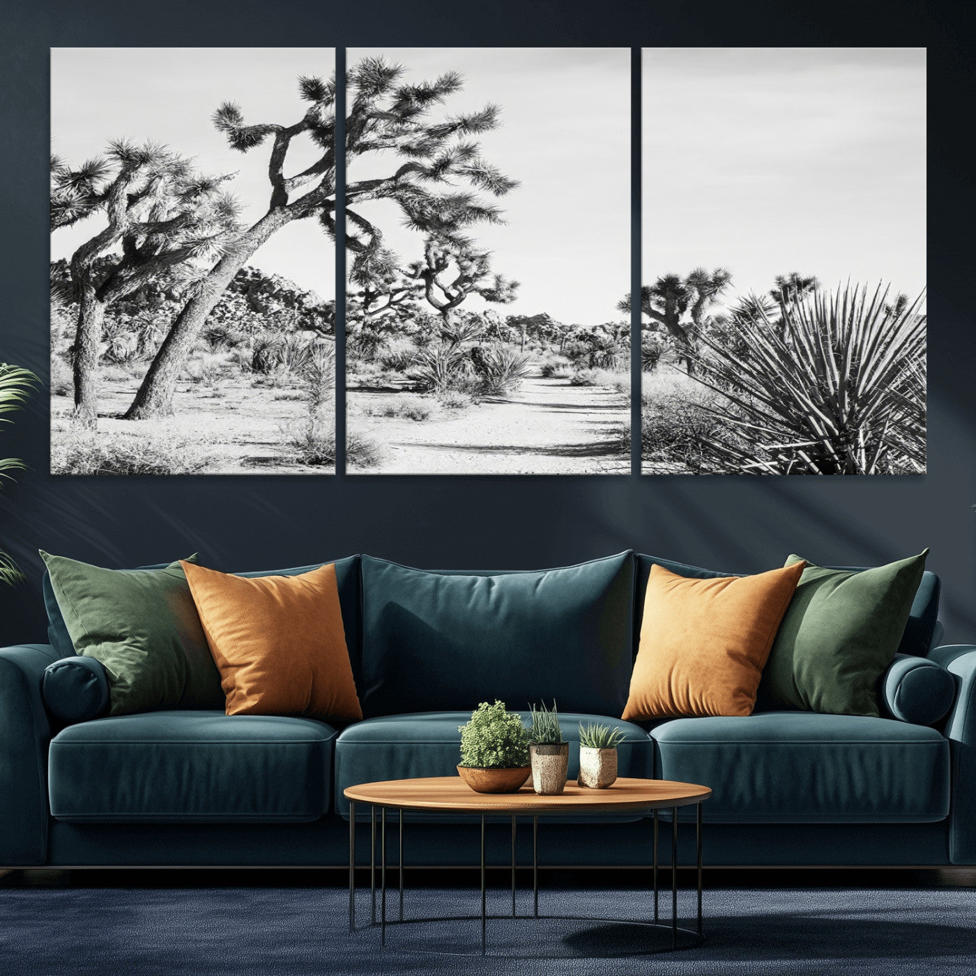 Canvas of a Joshua Tree forest in black and white tones, featuring a desert path and spiky vegetation, ideal for minimalist or rustic decor.