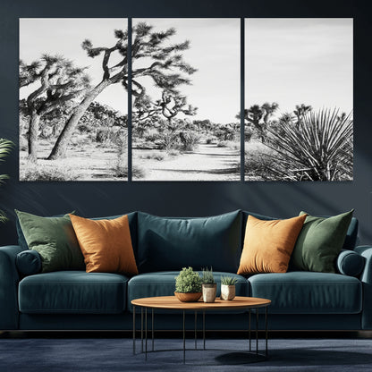 Canvas of a Joshua Tree forest in black and white tones, featuring a desert path and spiky vegetation, ideal for minimalist or rustic decor.