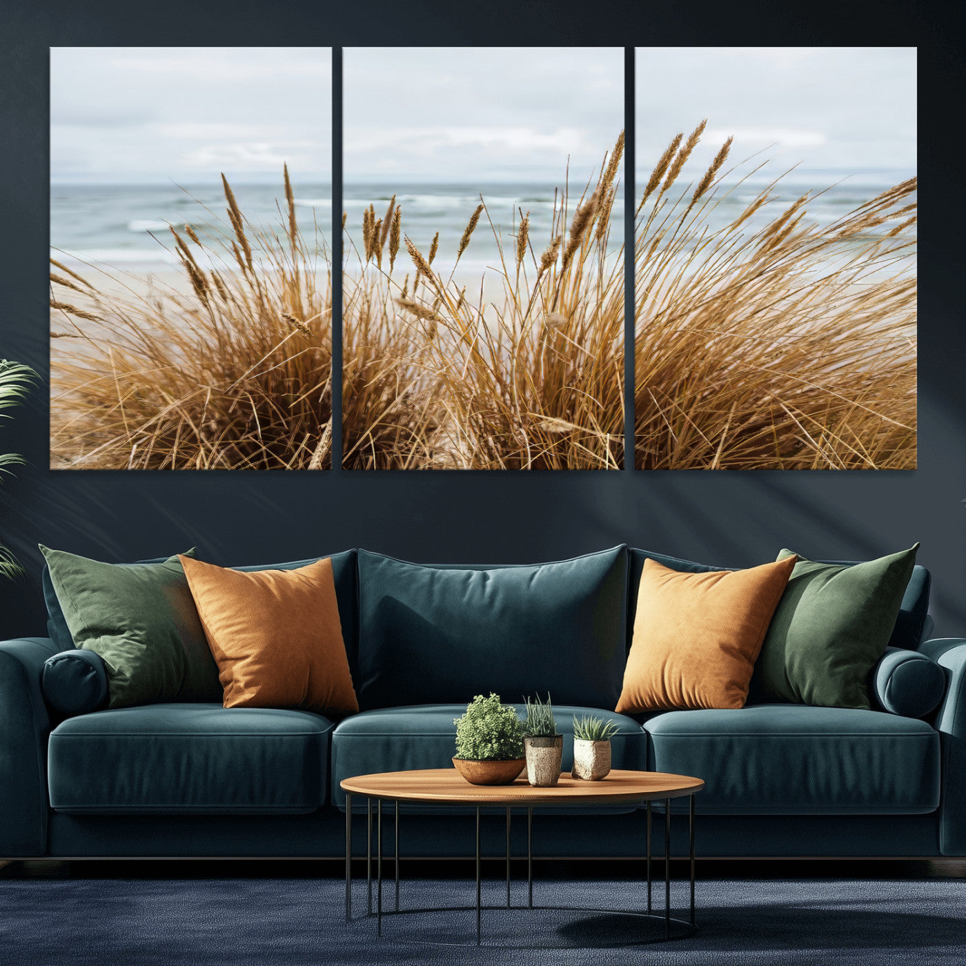 Canvas of golden beach grass swaying by the ocean under a soft cloudy sky, perfect for neutral-toned or coastal minimalist decor.