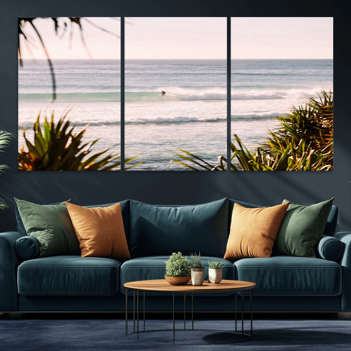 Canvas of a lone surfer riding a pastel wave at sunrise, perfect for tropical or coastal-themed spaces with a relaxed, airy vibe.