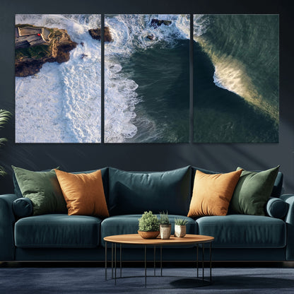 Canvas showing an aerial view of crashing waves along the Nazaré coastline, perfect for dramatic coastal or ocean-themed home decor.