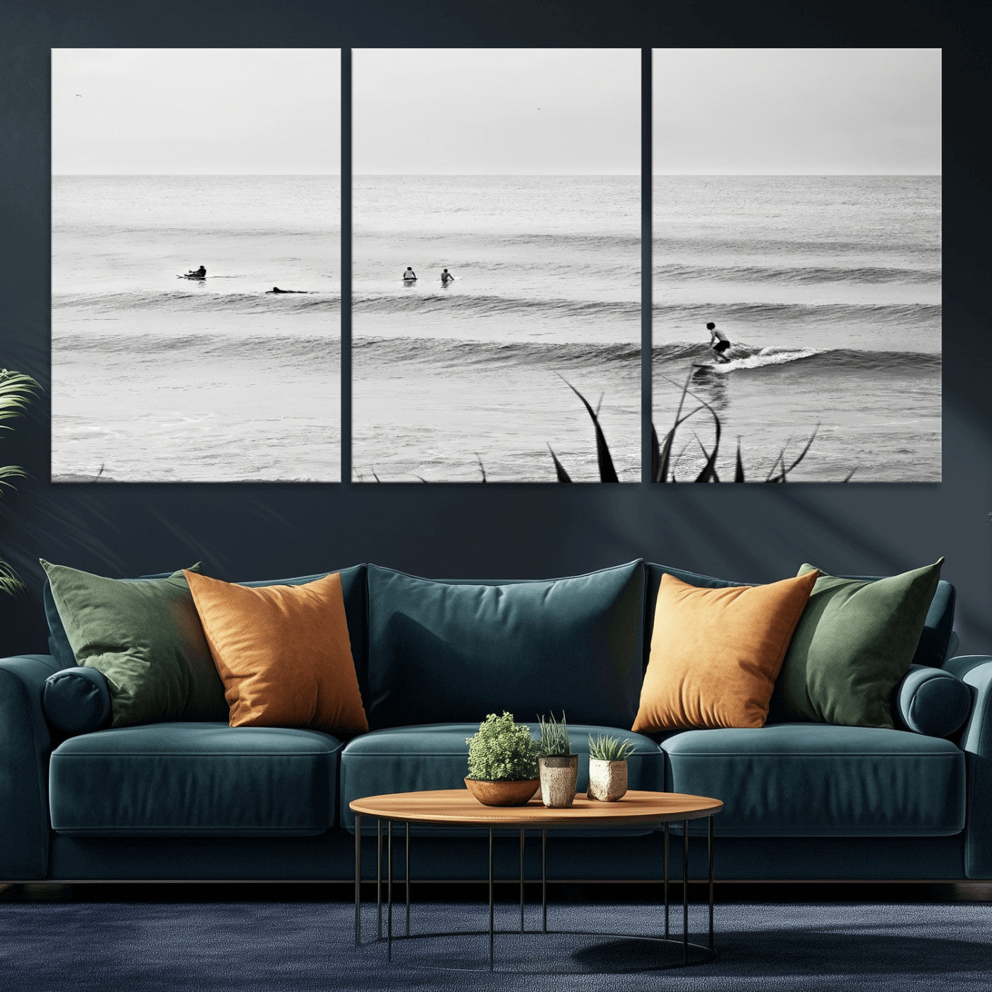 Monochrome canvas of surfers on calm ocean waves, ideal for minimalist coastal or beach-inspired interior decor.