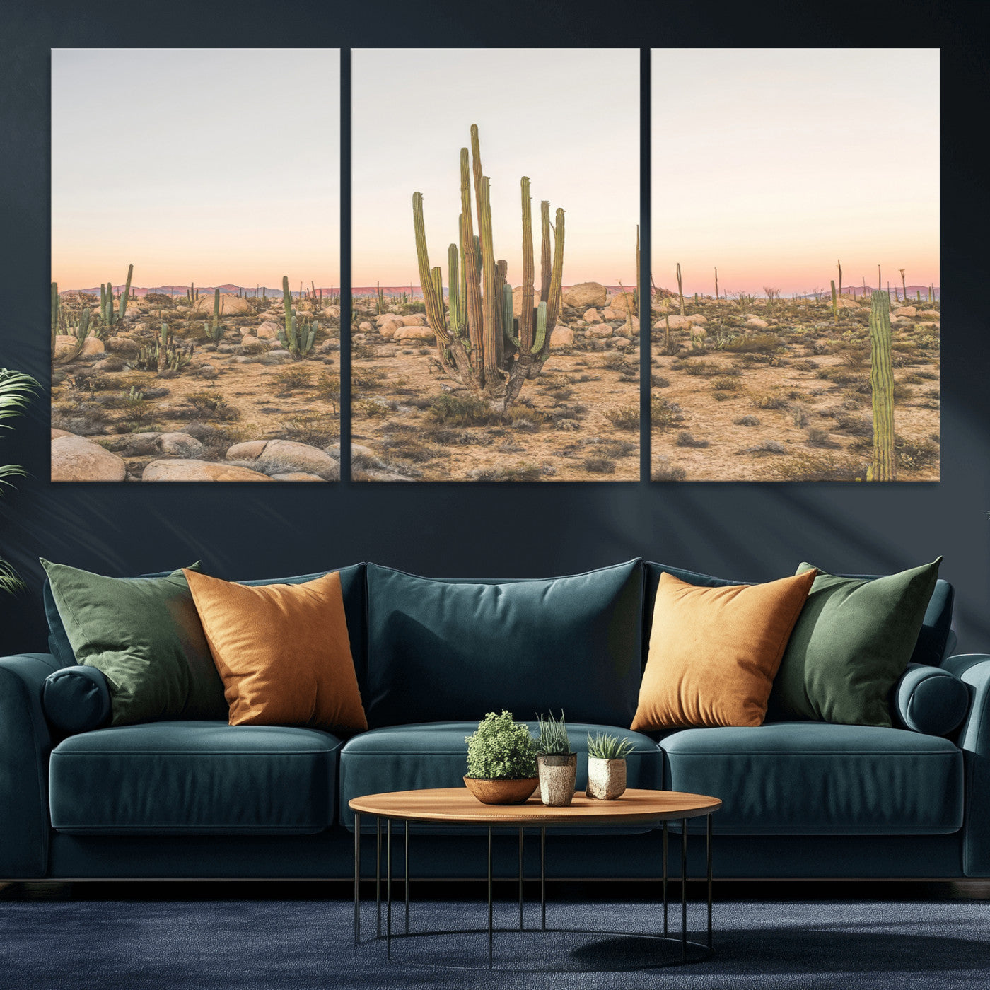 Canvas of tall desert cacti in warm sunset tones over a rocky Baja landscape, ideal for earthy or Southwestern-style home decor.
