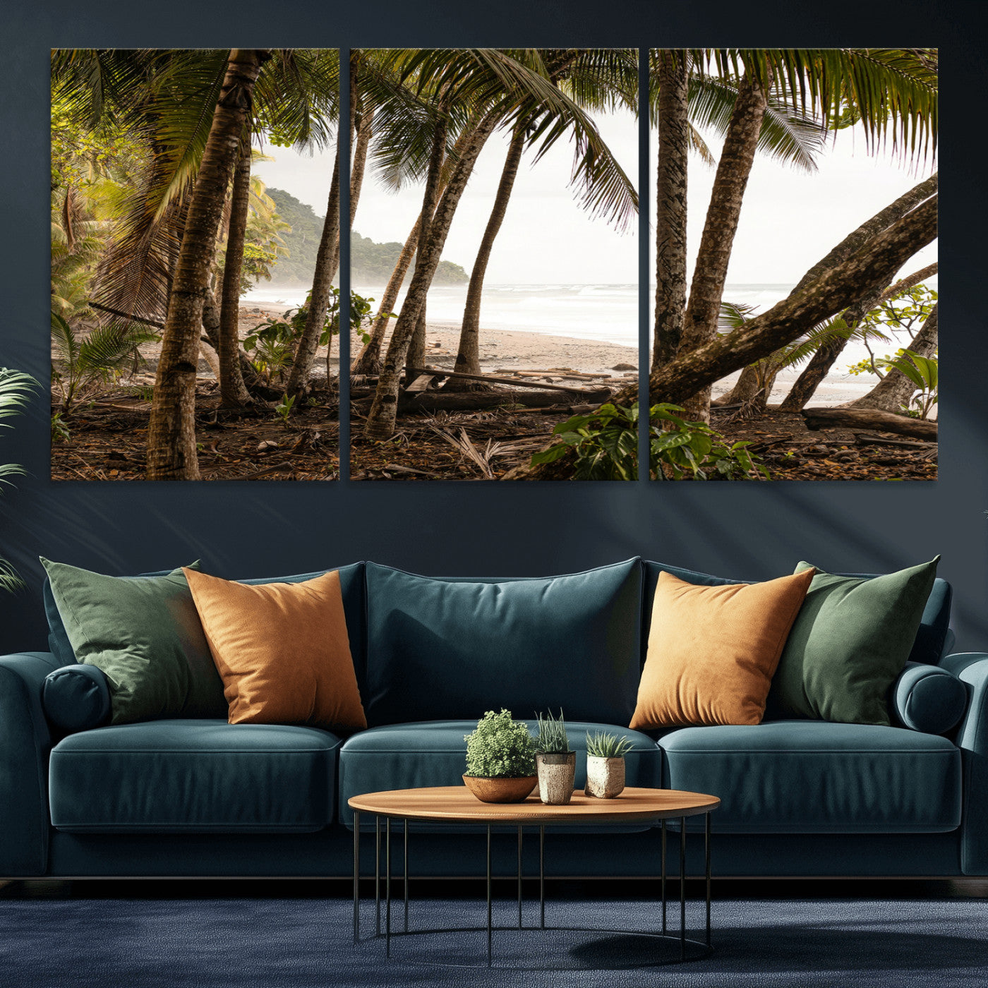 Dense tropical palm trees framing a sandy beach and ocean shore, ideal for jungle or coastal themed interior wall decor.