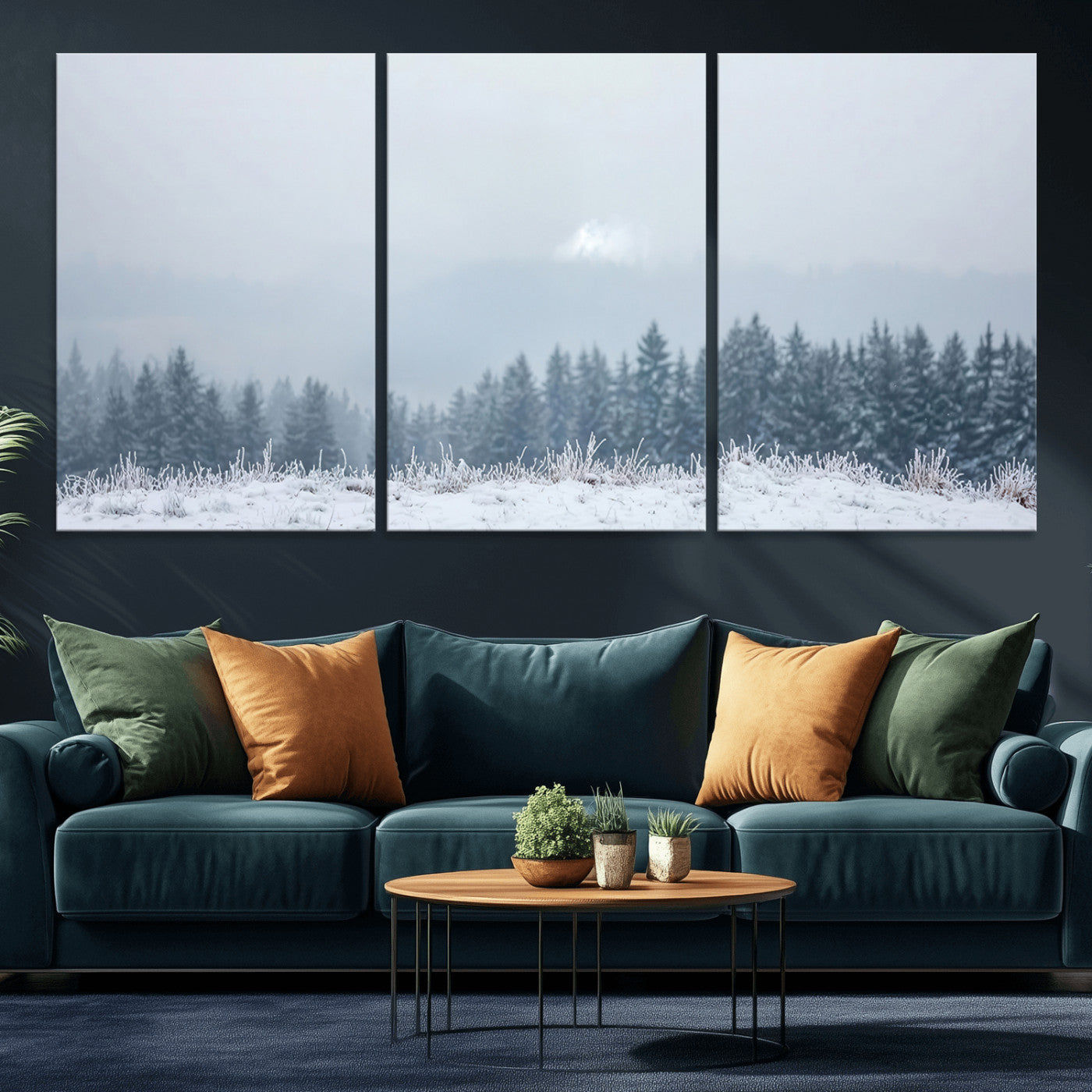 Snow-covered forest under misty sky, soft light breaking through clouds, ideal for minimalist or Nordic-inspired home decor.
