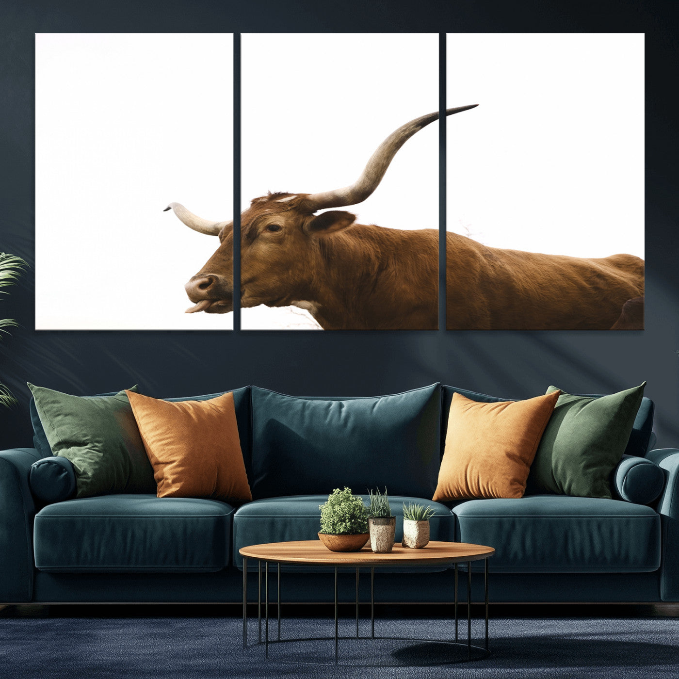 Minimal photo of a longhorn cow with white background, ideal for rustic, western or farmhouse-style interior decor.