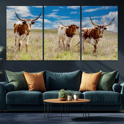 Three Texas longhorn cattle standing in dry grass under a bright blue sky, ideal for farmhouse or western rustic home decor.