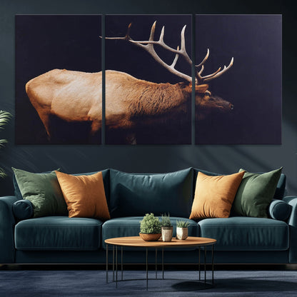 Side view of a majestic elk with large antlers against dark background, perfect for rustic lodge or cabin style home decoration.