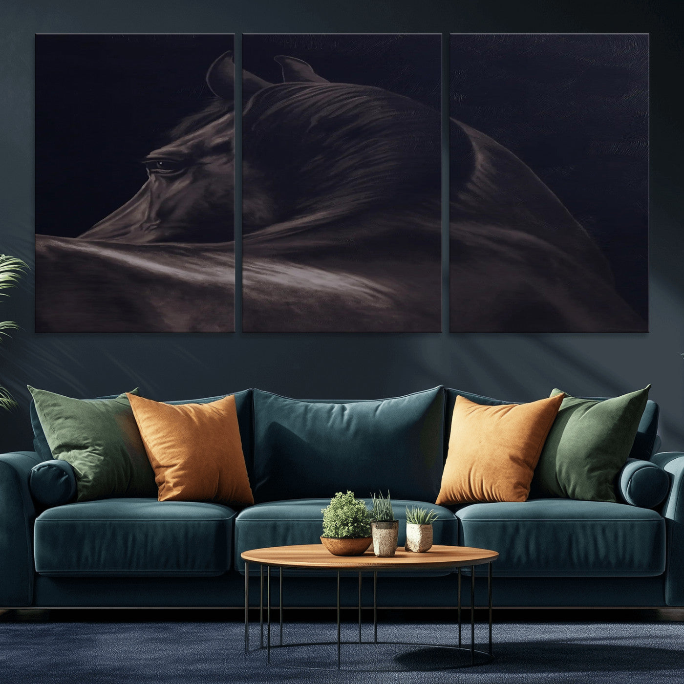 Close-up of a black horse with dramatic lighting on a dark background, perfect for rustic or masculine home decor.