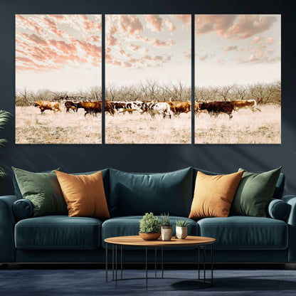 Cattle herd in a soft-toned field under a pastel pink sky, creating a peaceful rustic feel, perfect for farmhouse or western-themed spaces.