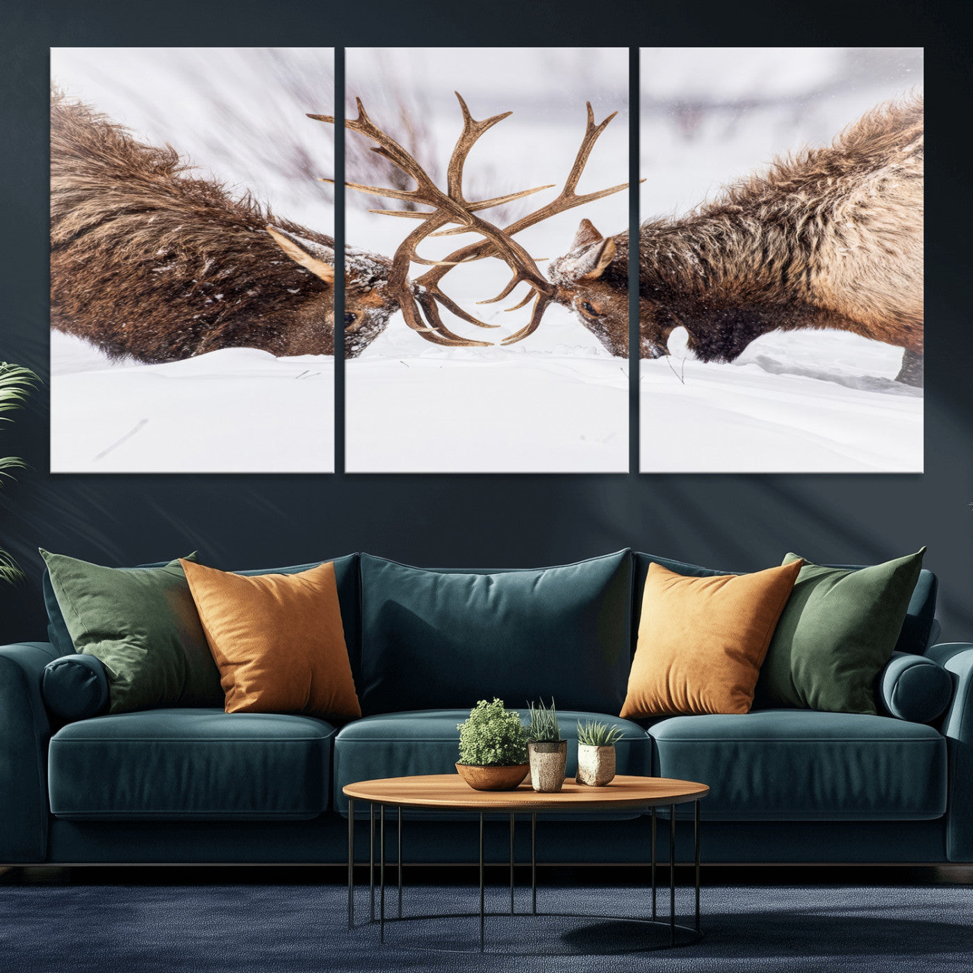 Two elk clashing antlers in a snowy forest, capturing raw power and wild energy, ideal for rustic cabin or lodge-style decor.