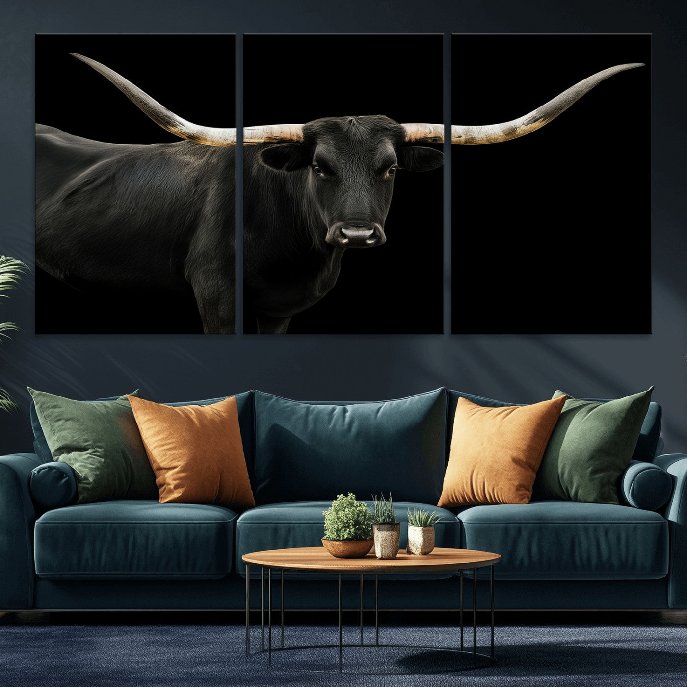 Close-up of a black Texas longhorn with large curved horns on black background, ideal for rustic farmhouse or modern western interiors.