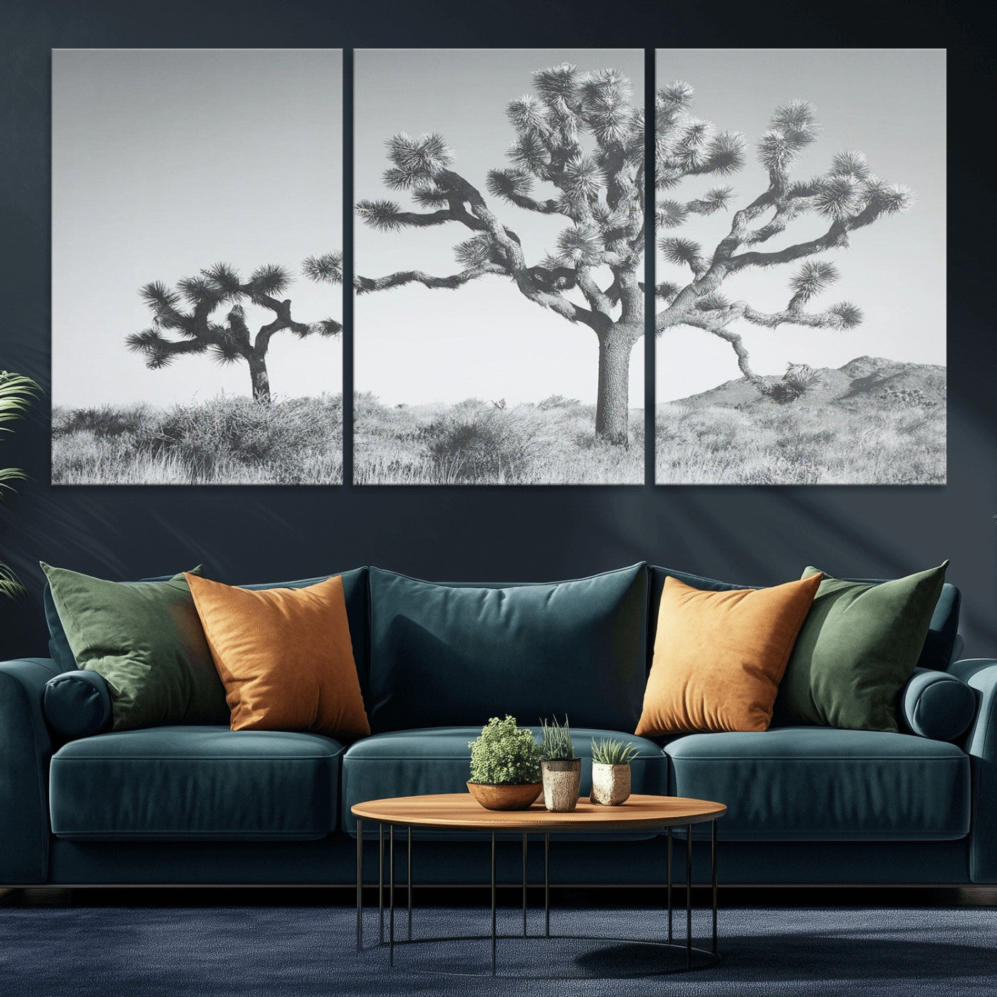 Black and white Joshua tree in a desert landscape with soft light and dry brush, perfect for rustic or minimalist home decor.