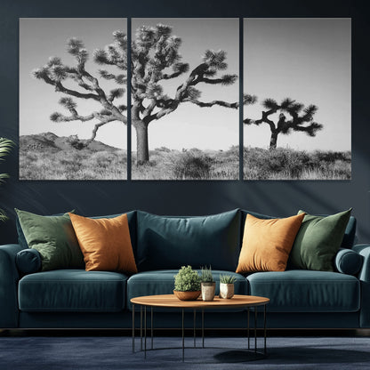 Black and white Joshua trees in a rugged desert landscape, creating a calm and minimalist feel for natural or rustic-themed interiors.