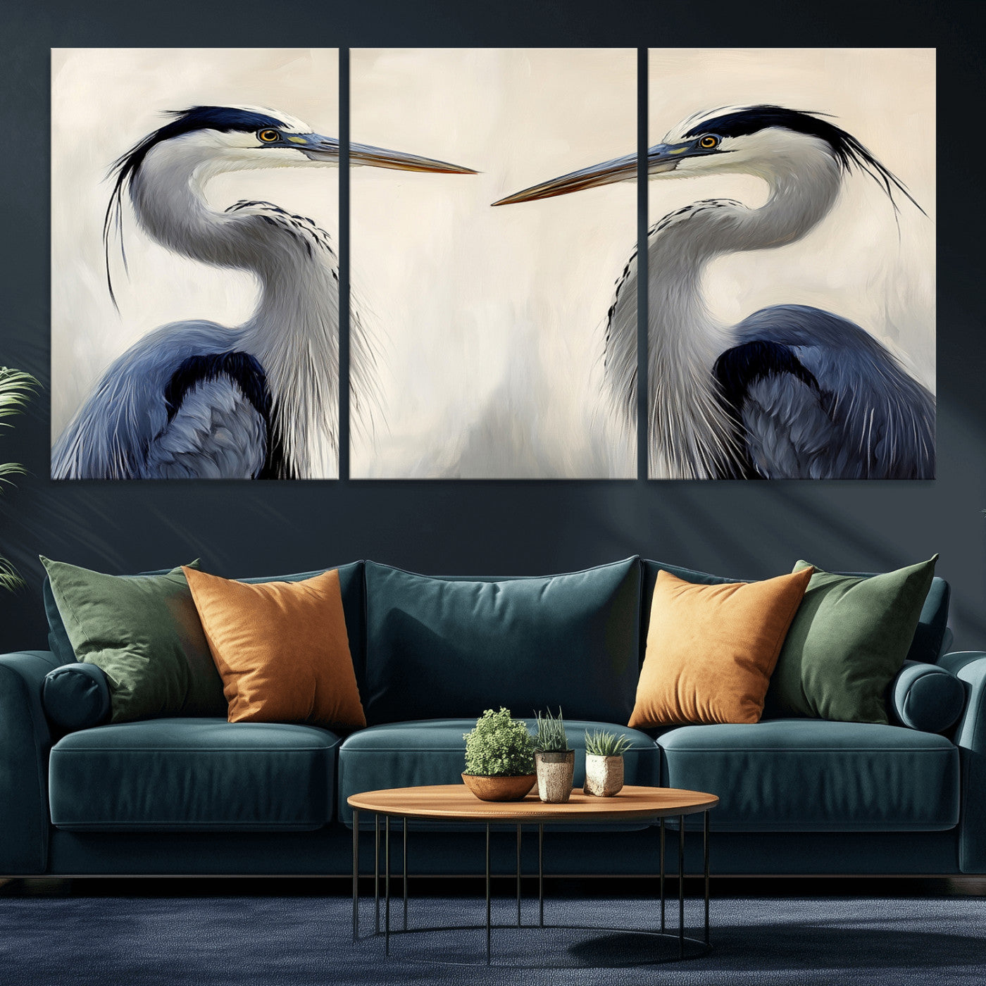 Two blue herons facing each other on a soft neutral background, ideal for coastal, tranquil, or nature-inspired minimalist interiors.