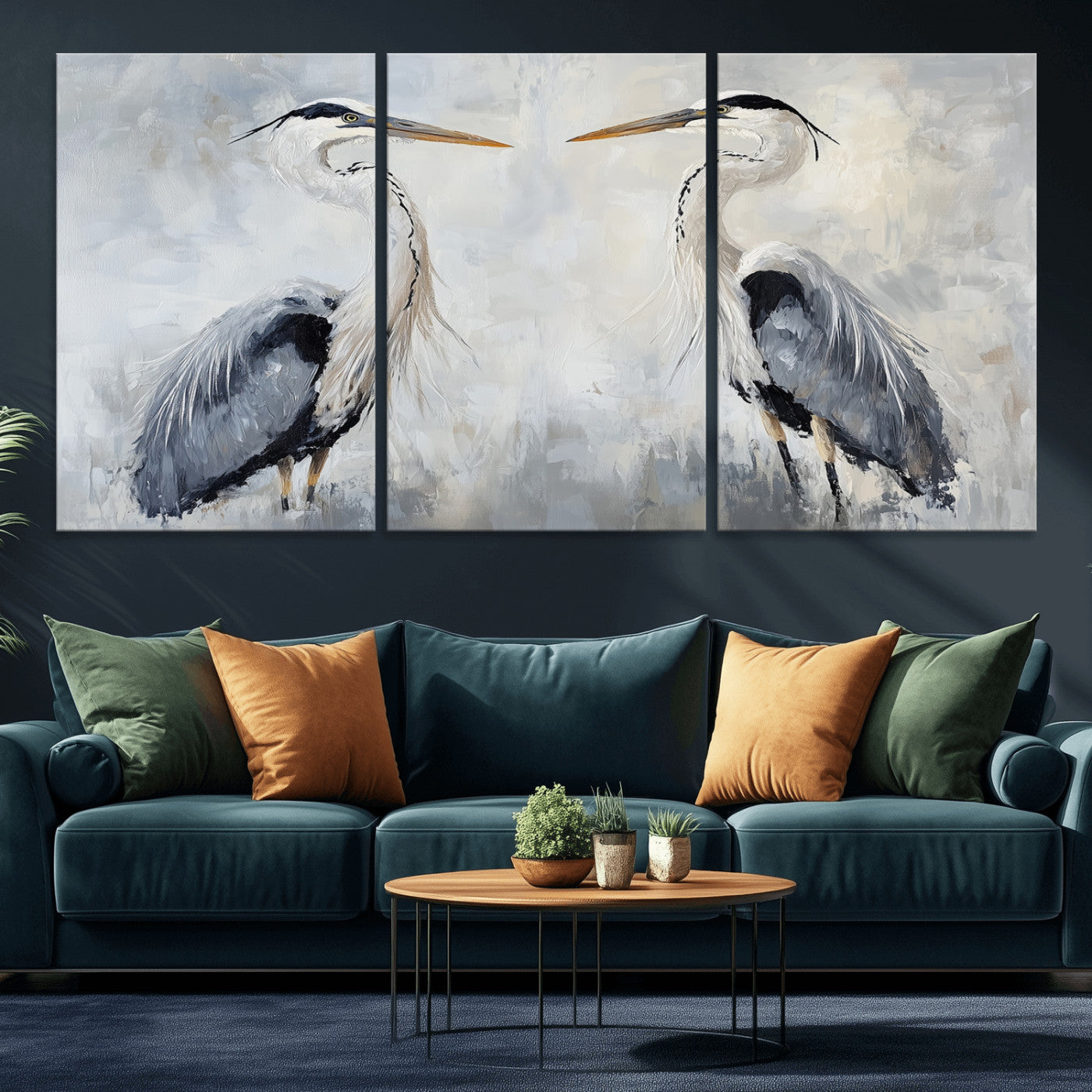 Two herons facing each other on a soft-toned background with blue-grey feathers, perfect for tranquil, coastal or nature-themed interiors.