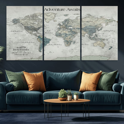 Customize Push Pin World Map Wall Canvas Print – Personalized Travel Tracker with Pins – Framed Custom Quotie Canvas for Home Office Decor