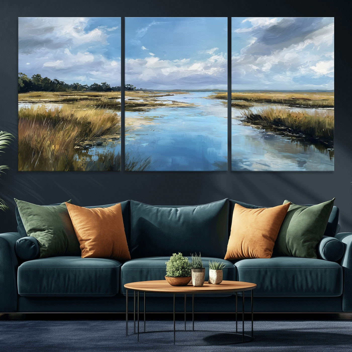 A beautiful, painterly landscape of a calm river winding through a marsh, with vibrant green grasses and a bright blue sky filled with fluffy clouds.