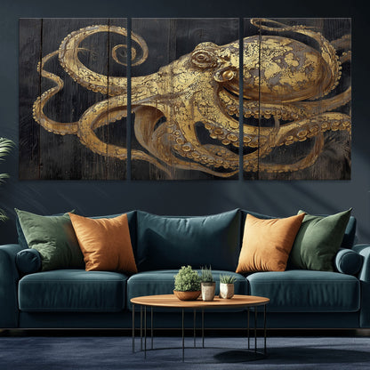 A detailed gold illustration of an octopus on black wooden planks, showing its intricate tentacles and textured skin in an artistic style.