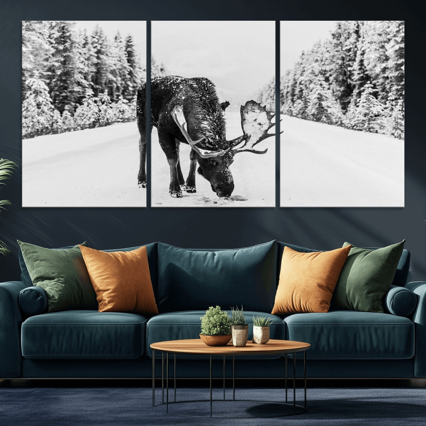 A majestic moose grazing in the snow-covered wilderness, surrounded by snow-covered trees, creating a peaceful winter scene.