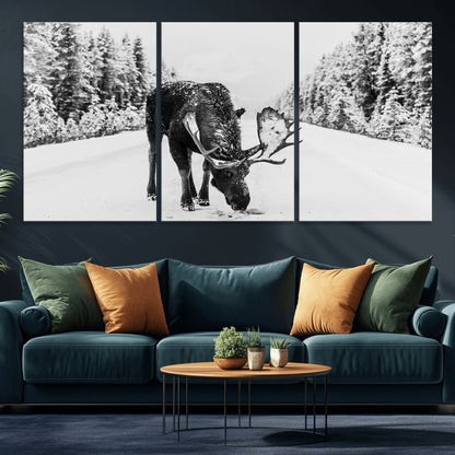 A majestic moose grazing in the snow-covered wilderness, surrounded by snow-covered trees, creating a peaceful winter scene.