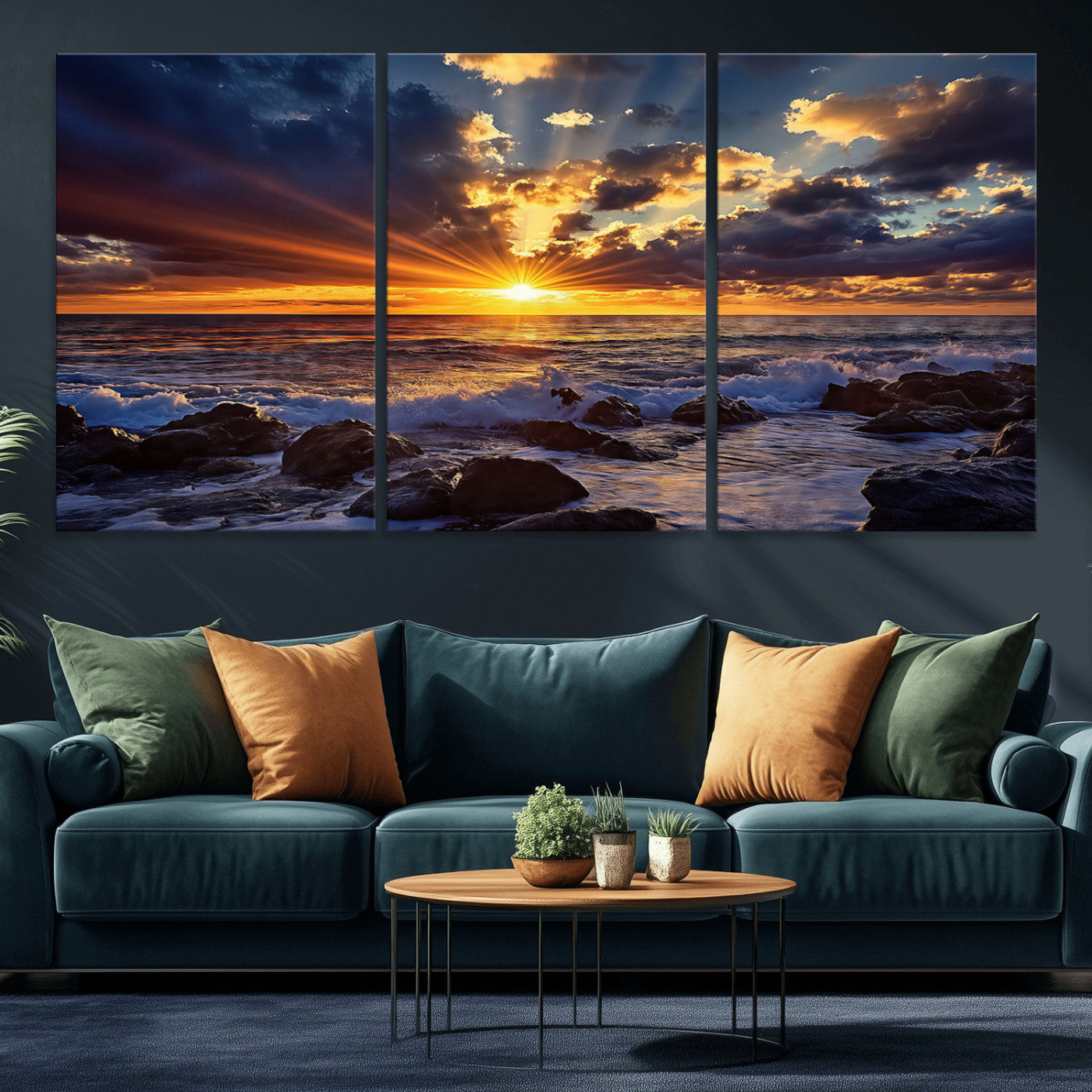 An explosive sunset over the ocean with dramatic clouds and rays of sunlight reflecting off the water, creating a vibrant and captivating view.