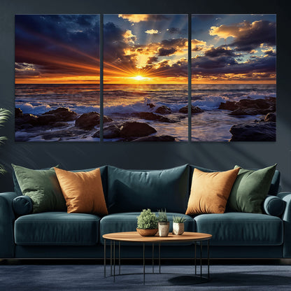 An explosive sunset over the ocean with dramatic clouds and rays of sunlight reflecting off the water, creating a vibrant and captivating view.